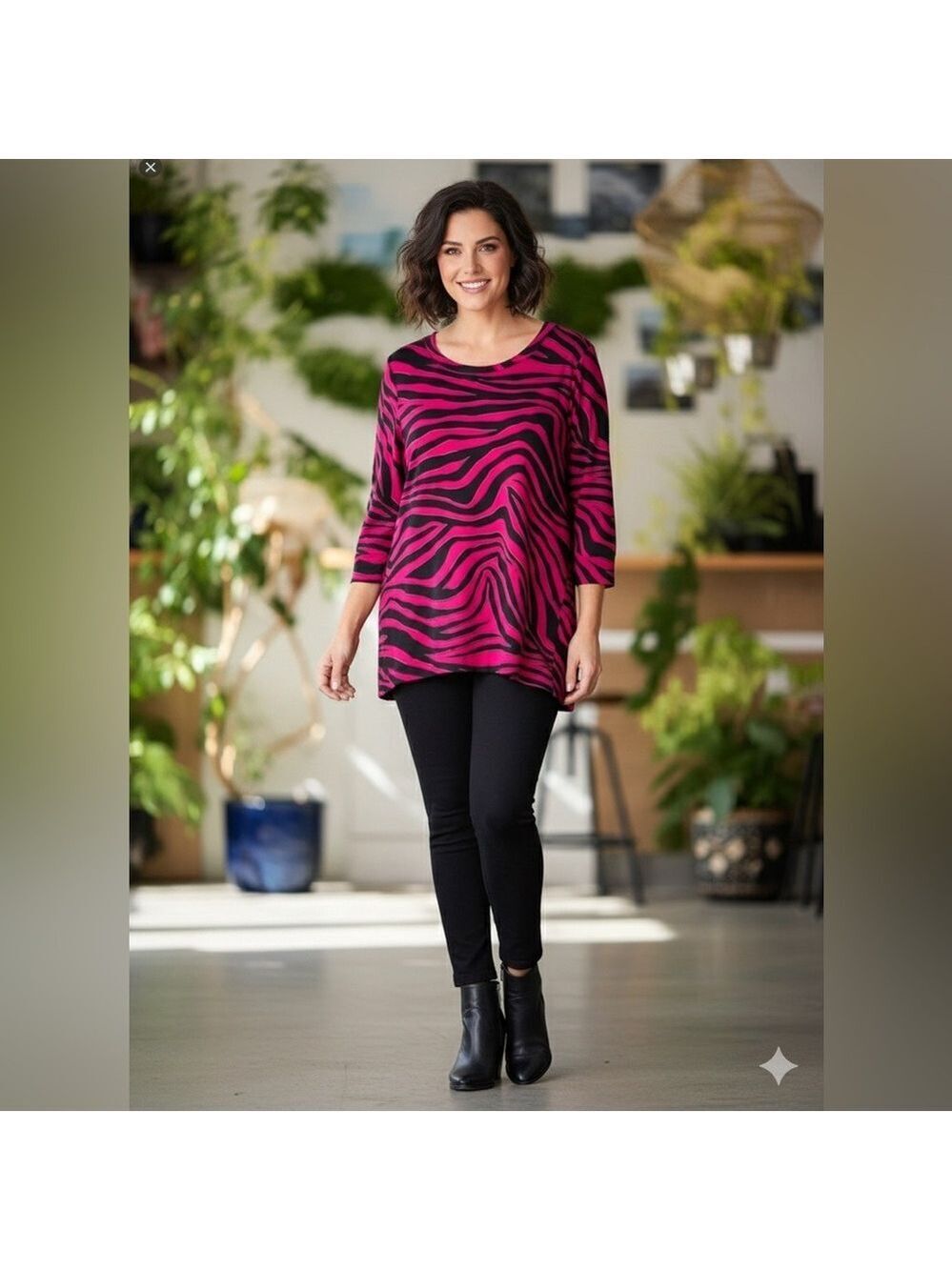 CHICO’S ZENERGY French Terry Fuschia Black Zebra Print Tunic Top 3/4 Sleeve 16